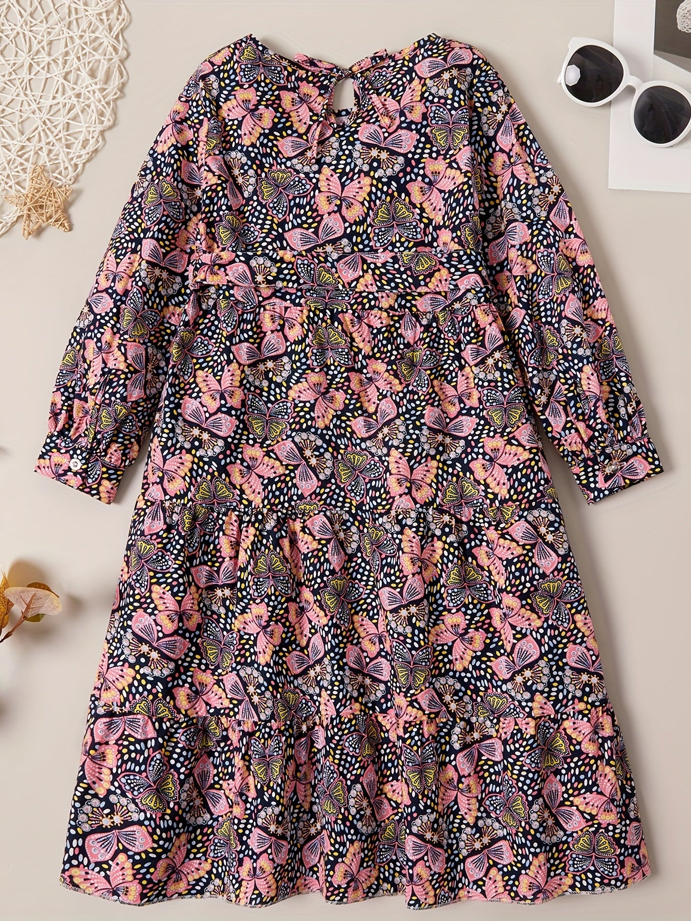 Girl's Butterfly Allover Graphic Long Sleeve Dress For Party