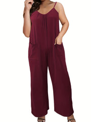Casual Sleeveless Wide Leg Jumpsuit with Patched Pockets