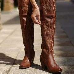 Embroidered Over Knee Boots Point Toe Slip On Block Heel Cowgirl Boots