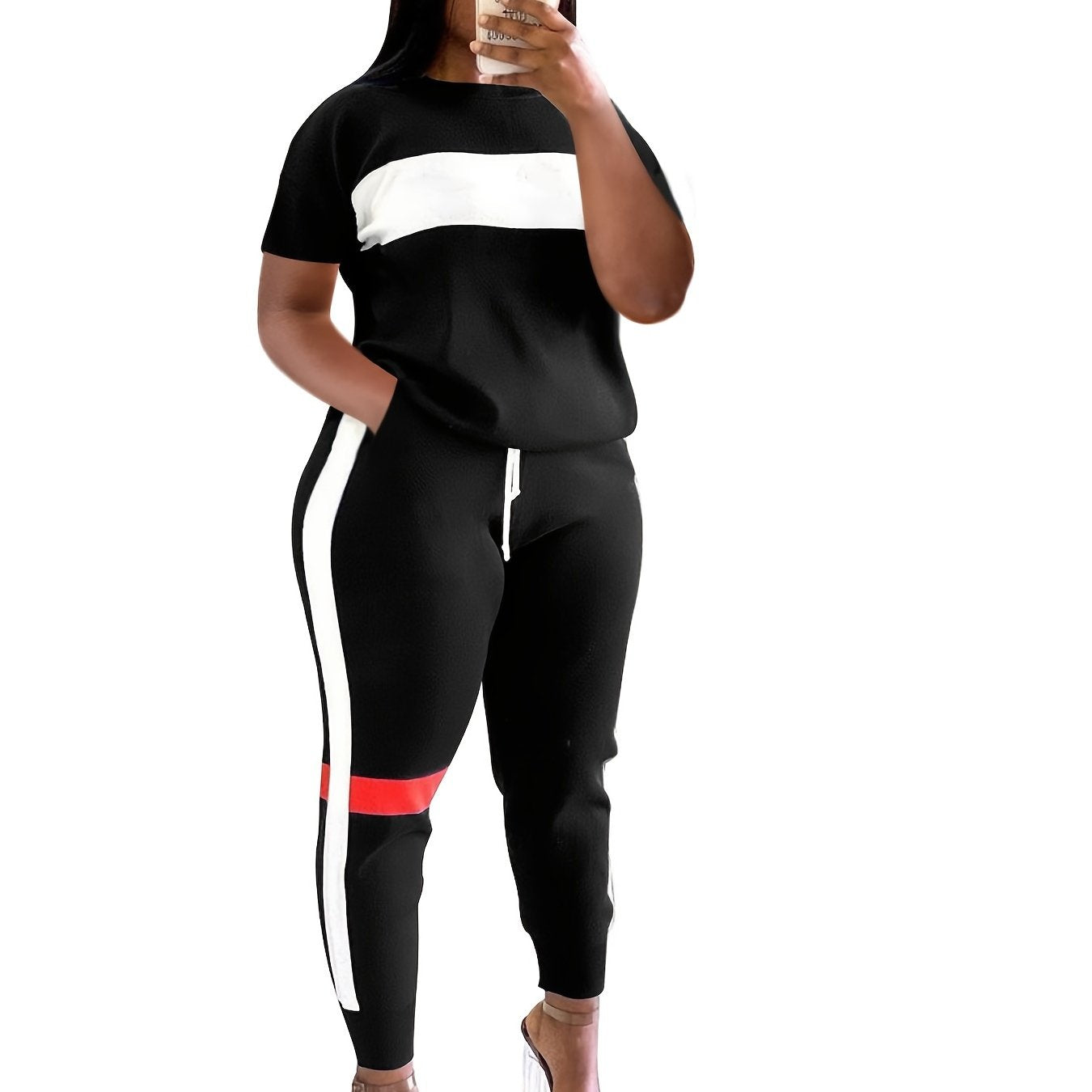 Colorblock Short Sleeve Top & Drawstring Sweatpants Set