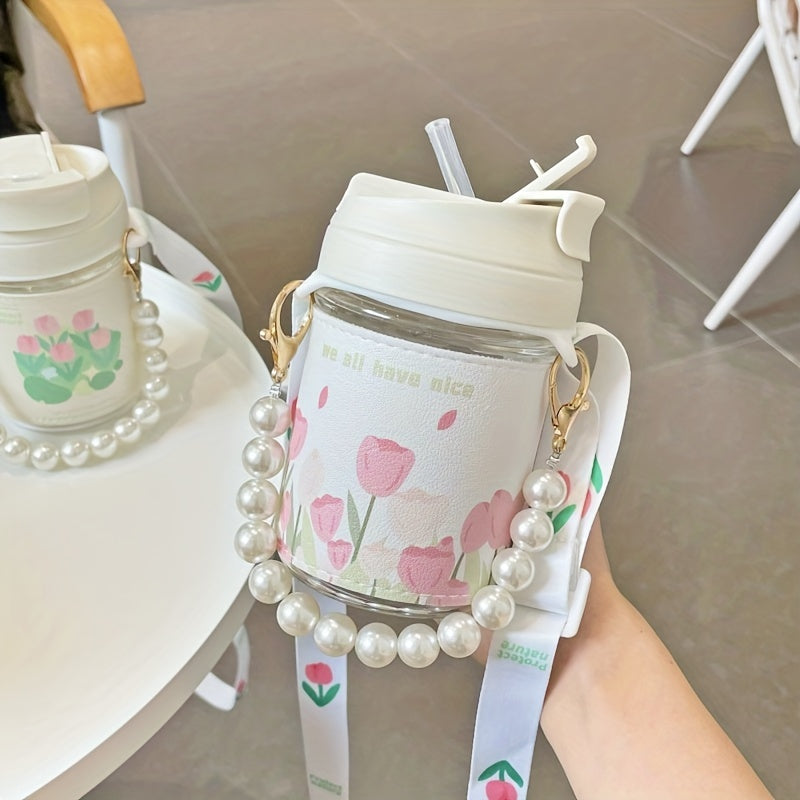 400ml Handheld Water Cup Tulip Printed Cover Leakproof Glass Cup