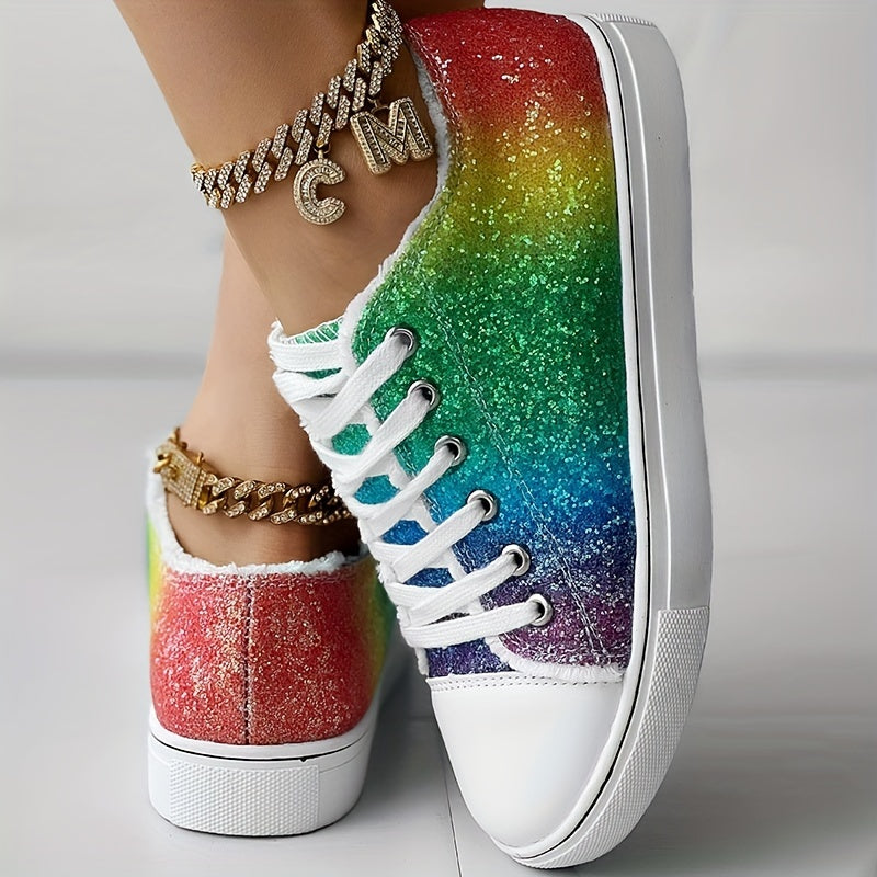 Women's Rhinestone Canvas Lace-Up Low Shoes Glitter Casual Walking Shoes