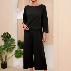 Solid Casual 2pc Set Boat Neck Top & Wide Leg Pants