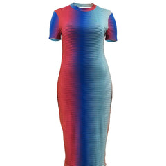 Ombre Striped Print Short Sleeve Slim Fit Maxi Dress Women's Plus