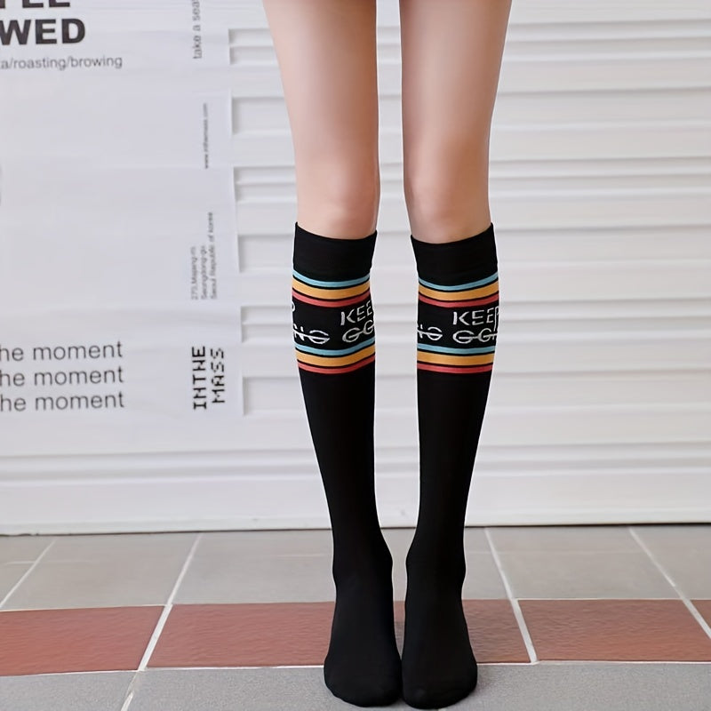 2 Pairs Letter Trim Calf Socks Sports Knee High Socks Women's Stockings
