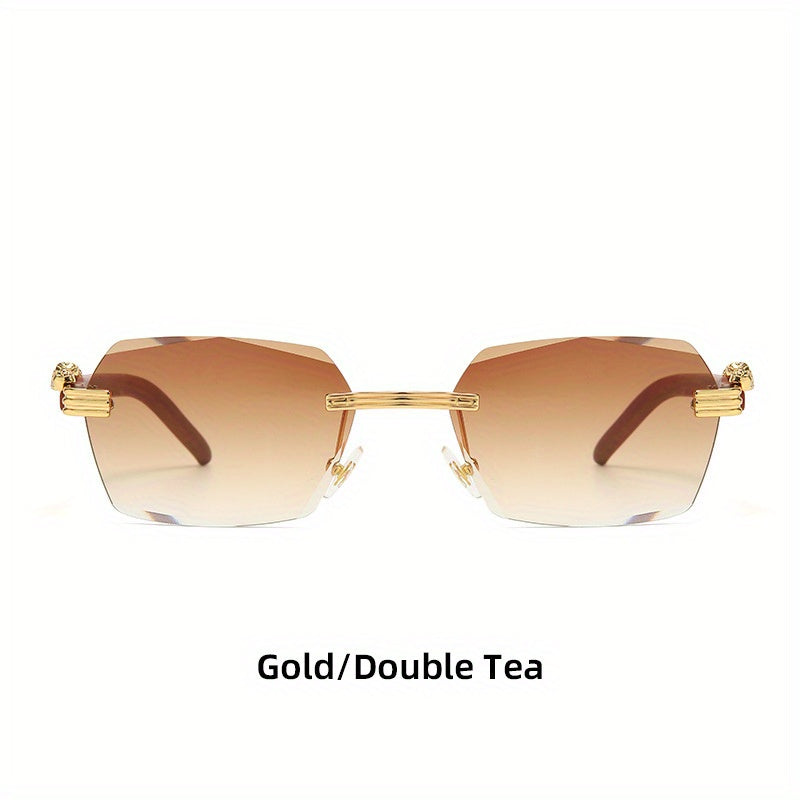 Men's Wood Print Leopard Head Rimless Sunglasses Square Frame Glasses