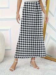 Houndstooth Print High Rise Stretch Side Split Maxi Midi Skirt