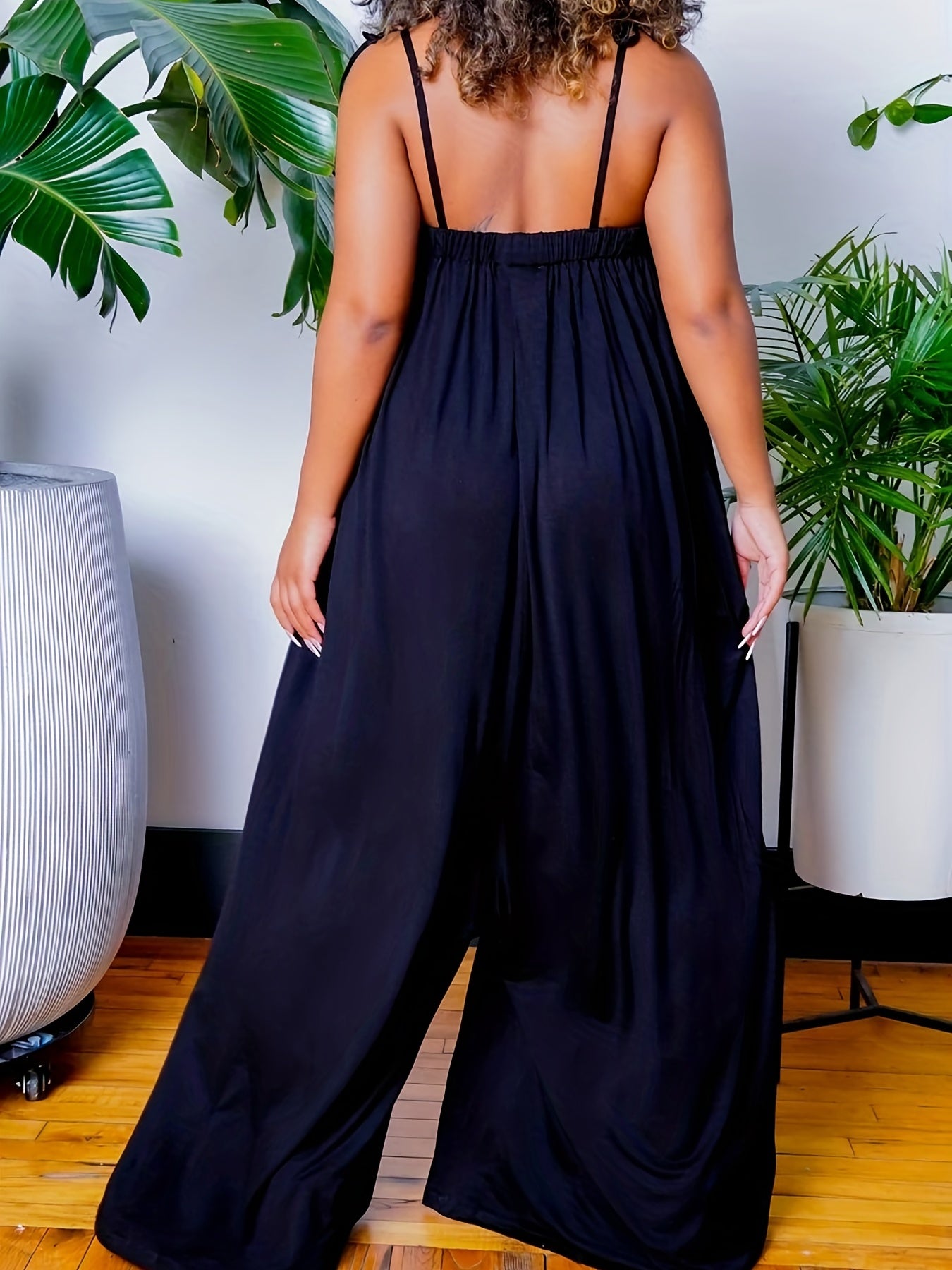 Solid Tie Shoulder Wide Leg Jumpsuit