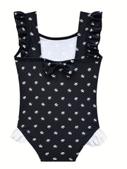 Girl's Ruffle Decor Onesie Swimsuit Floral Tankini Bathing Suit