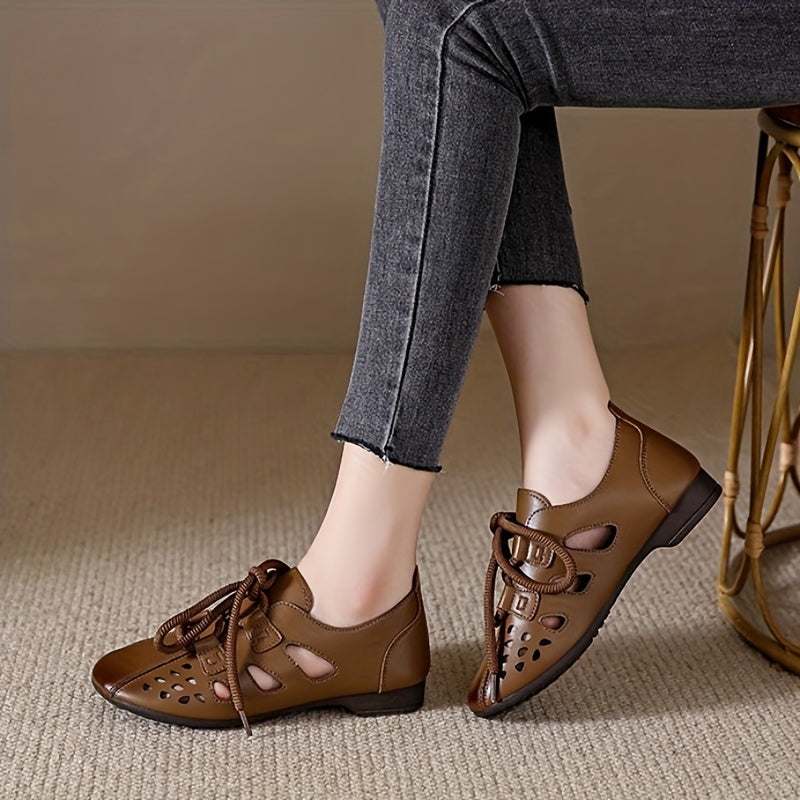 Women's Hollow Out Lace Up Flats Low Top Shoes Casual Faux Leather