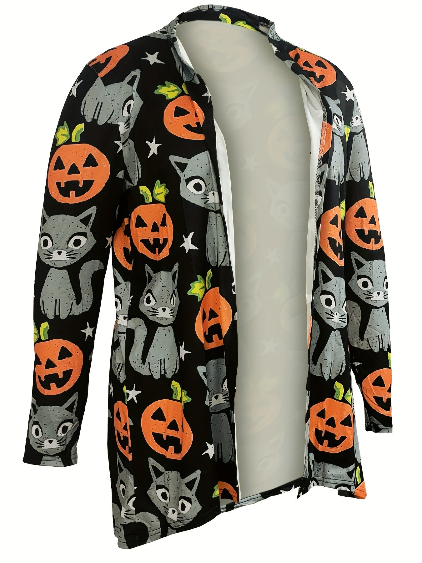 Pumpkin & Cat Print Cardigan, Long Sleeve Open Front