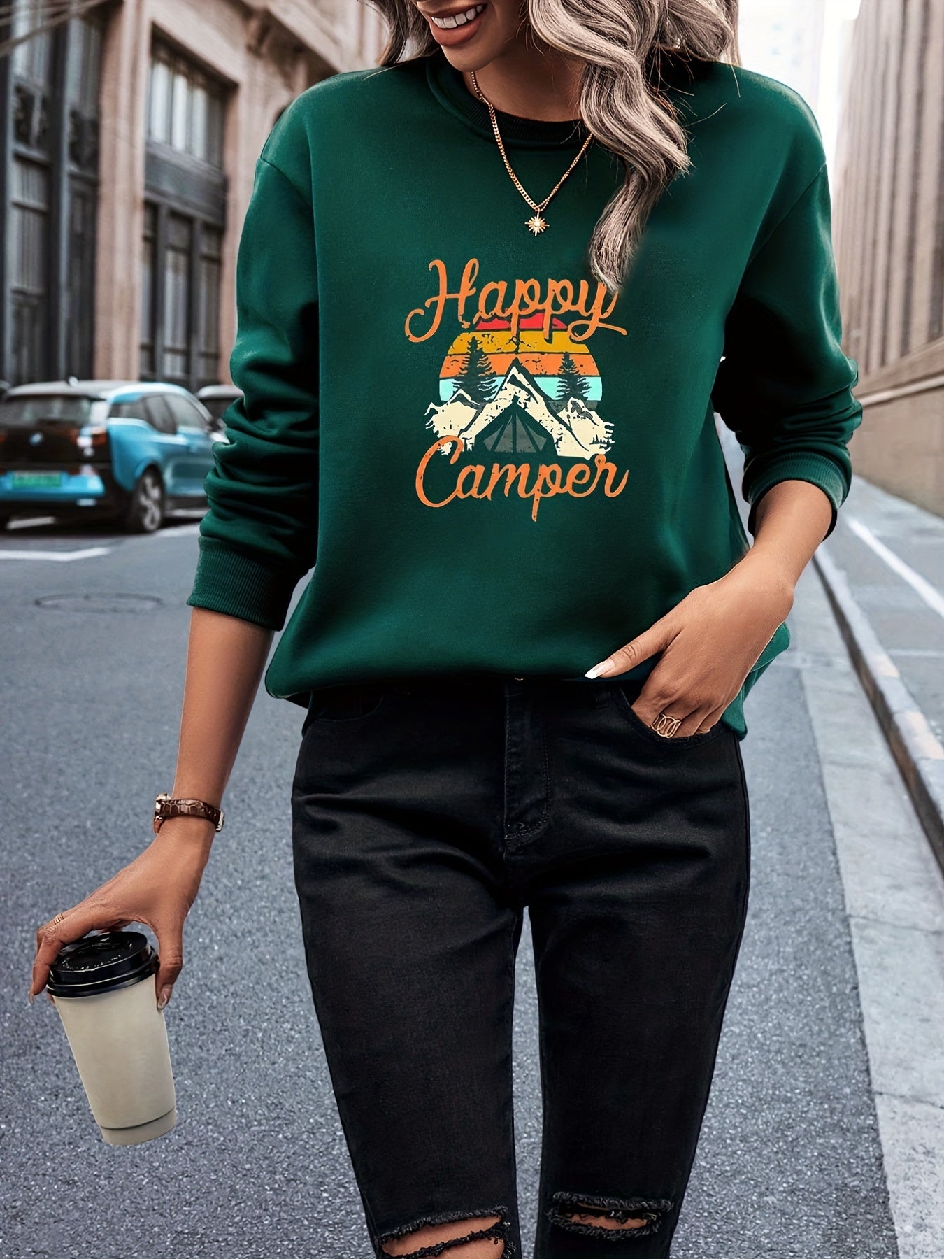 Graphic Print Crew Neck Sweatshirt for Women