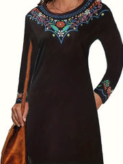 Border Floral Print Long Sleeve Round Neck Dress