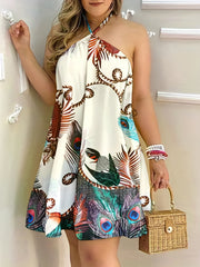 Vacay Summer Dress Women's Plus Random Print Backless Halter Neck Slig