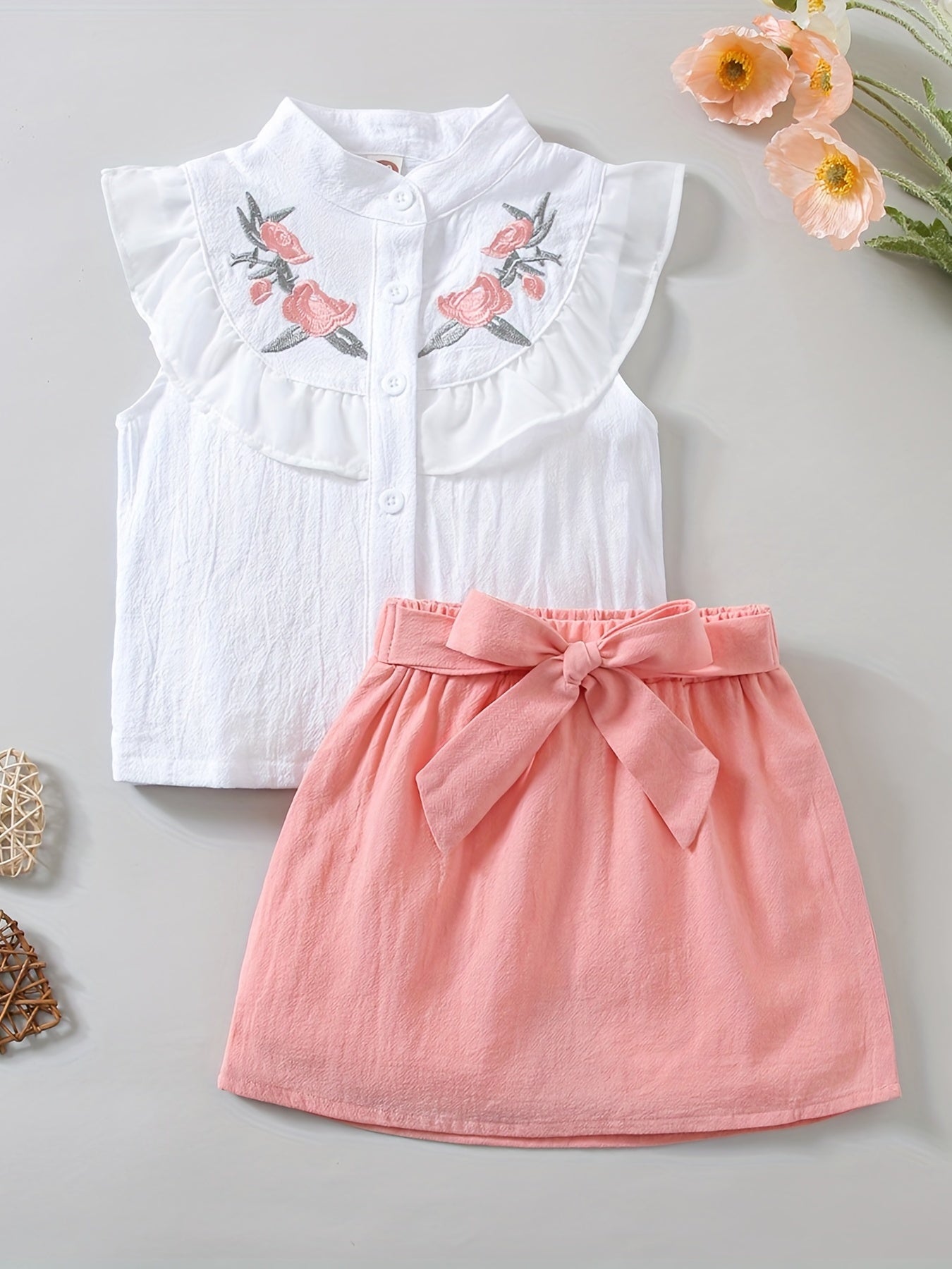 Girls Ruffled Flower Embroidery Sleeveless Top & Skirt Set