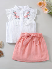 Girls Ruffled Flower Embroidery Sleeveless Top & Skirt Set