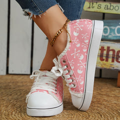 Pink Skull Pattern Sneakers Halloween Lace Up Low Top Flat Canvas Shoes