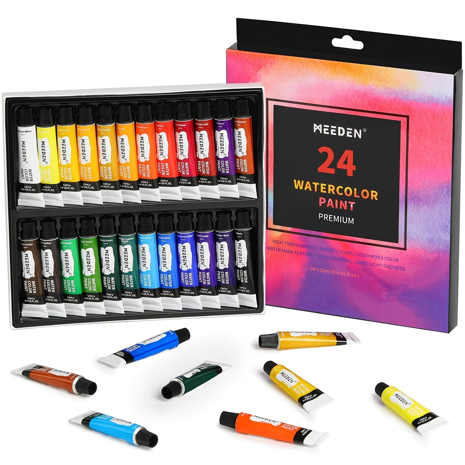 Watercolor Paint 24pcs Set Vibrant Colors 12ml Tubes Rich Pigments Non Toxic