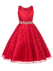 Girls Sleeveless V-neck Lace Flowers Rhinestone Princess Dress