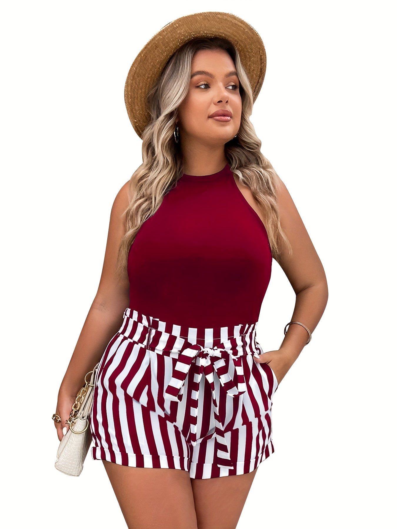 Casual 2 Piece Set: Solid Tank Top & Stripe Print Shorts with Pockets
