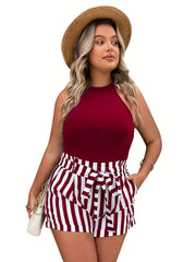Casual 2 Piece Set: Solid Tank Top & Stripe Print Shorts with Pockets