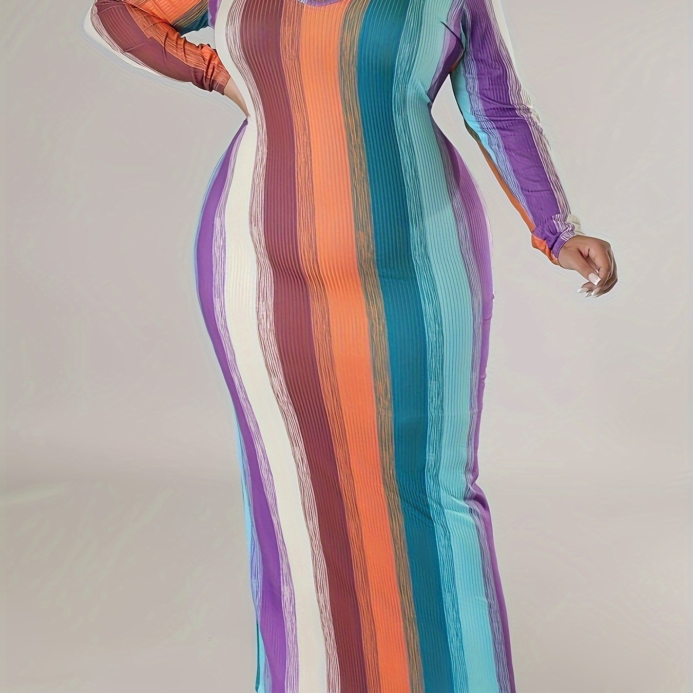 Colorblock Long Sleeve Maxi Bodycon Dress