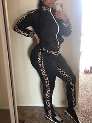 Leopard Print Zip Up High Neck Top & Pants 2 Piece Set