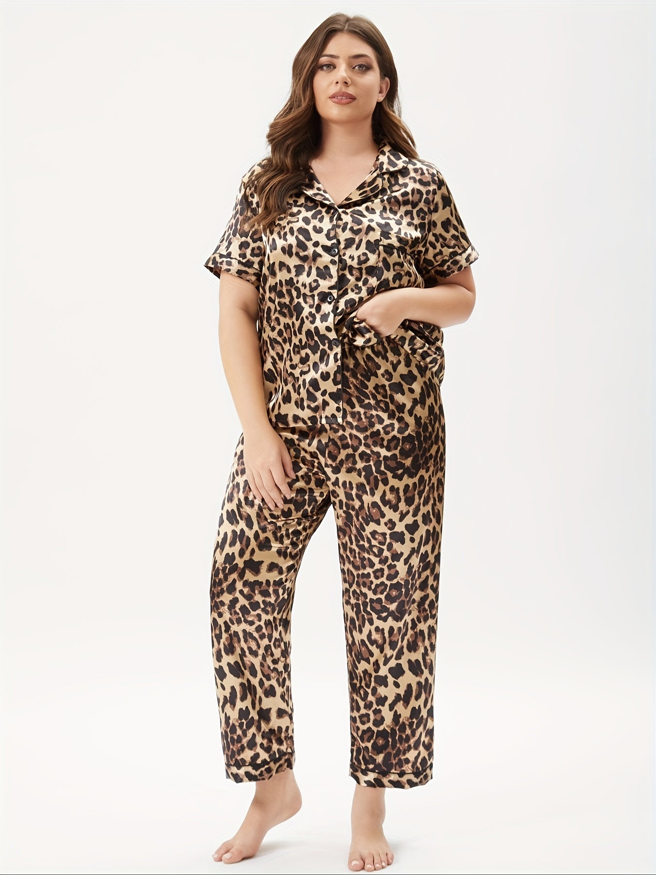Women's Plus Leopard Print Silk Pajama Set