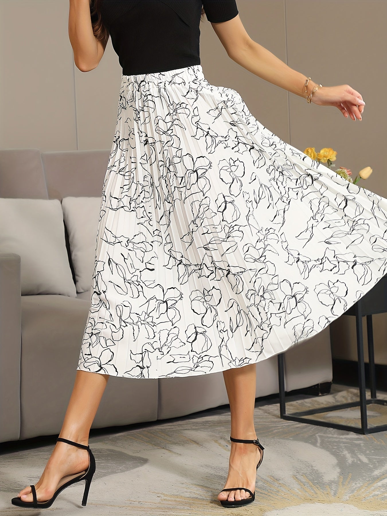Floral Print Pleated Skirt Elastic Waist Skirt Spring & Summer