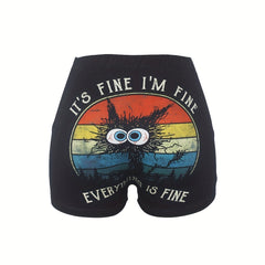 Stripes & Cartoon Cat Print Shorts Skinny Shorts For Women