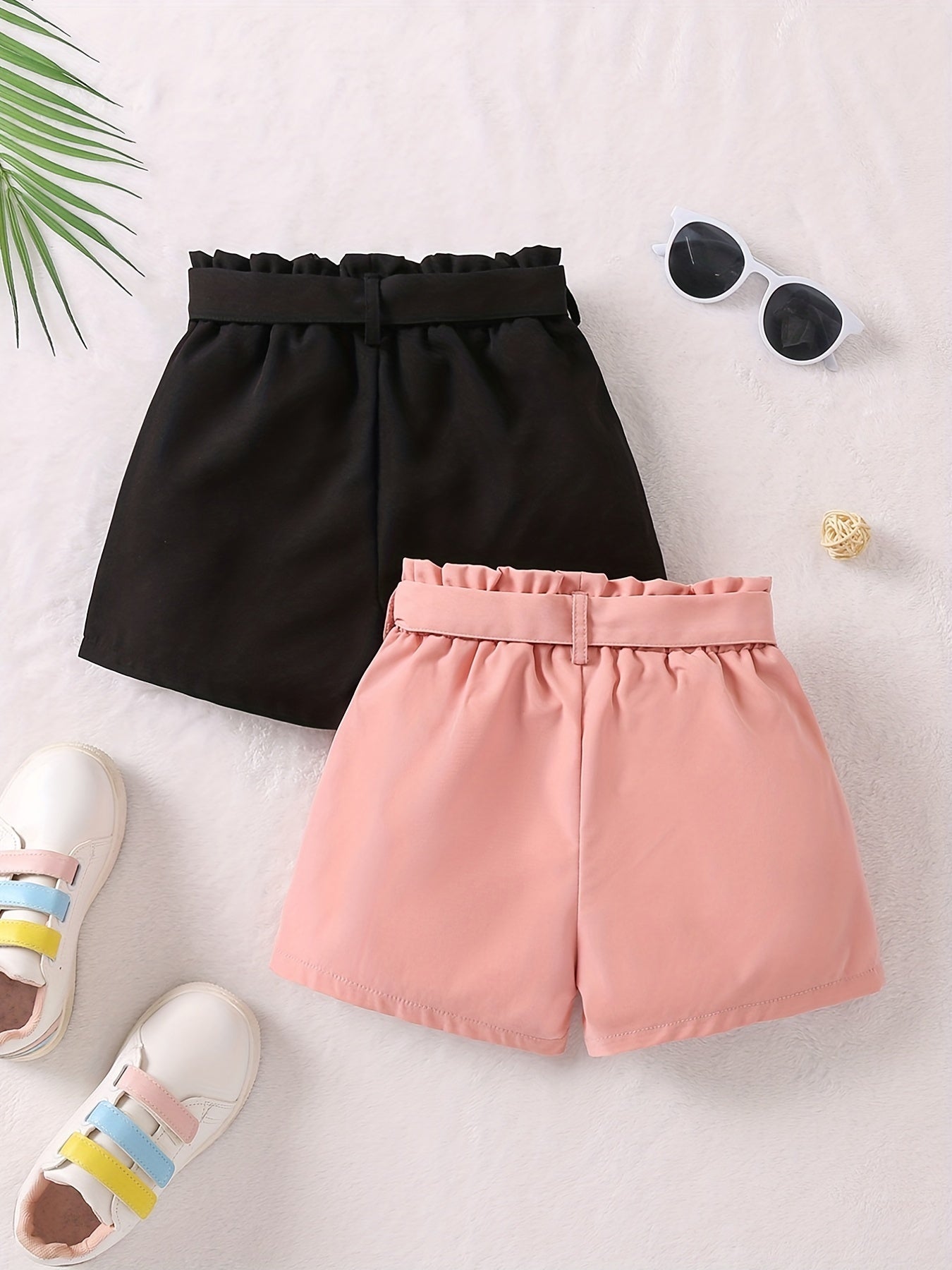 2pcs Girls Casual Shorts With Belt Breathable Comfortable Pants for Kids