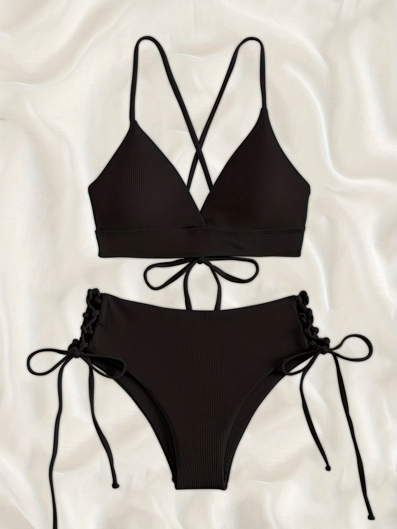 Rib Knit Bikini Set with Criss Cross Straps and Tie Side