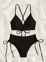 Rib Knit Bikini Set with Criss Cross Straps and Tie Side