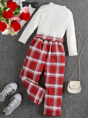 Girl's Ribbed Turtleneck Top & Plaid Belted Pants Set