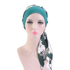 Dark Green Flower Print Turban Cap Satin Elastic Headband