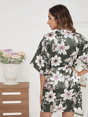 Floral Print Short Sleeve Satin Robe