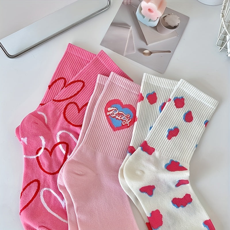 3 Pairs Heart Print Socks Women's Stockings & Hosiery