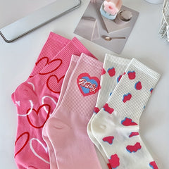 3 Pairs Heart Print Socks Women's Stockings & Hosiery
