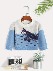 Block Round Neck Jacquard Knitted Pullover Top Girls Sweater