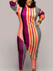 Colorblock Striped Print Longline Tops & Skinny Pants Set