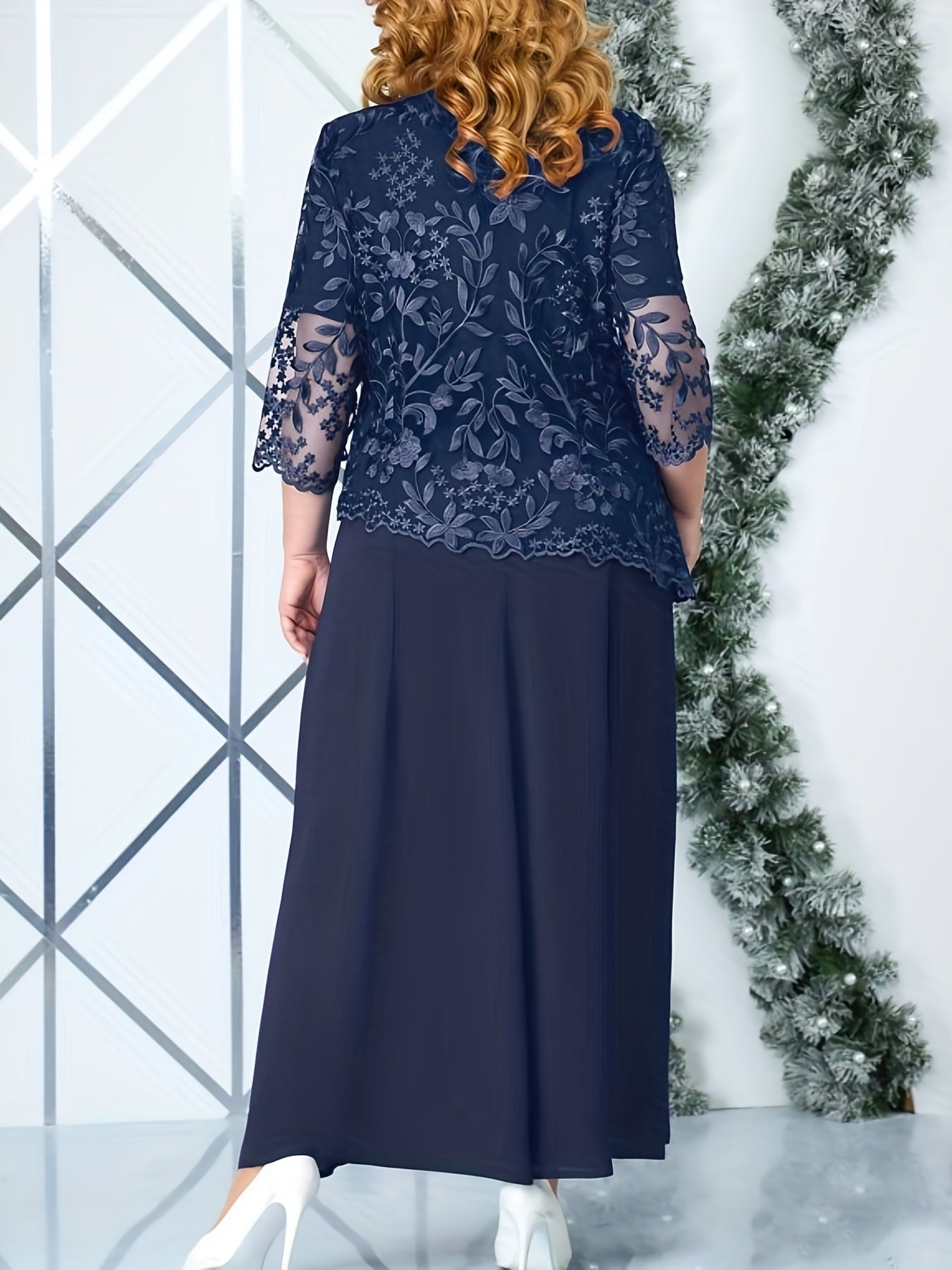 Casual Dress Women's Plus Floral Lace Layered Sleeve Dress