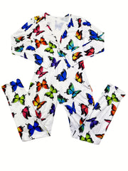 Butterfly Print Lounge Jumpsuit V Neck Long Sleeve Buttons Jumpsuit
