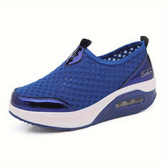 Argyle Pattern Mesh Wedge Sneakers Air Cushion Casual Walking Shoes