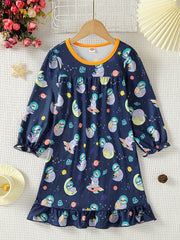 Girl's Dancing Girl Print Pajama Nightdress Round Neck Long Sleeve Dress