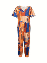Women's Plus Patchwork Print Short Sleeve V Neck Jumpsuit