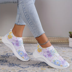 Women's Rhinestone Decor Sneakers Floral Print Slip On Shoes