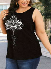 Lotus & Letter Print Round Neck Tank Top