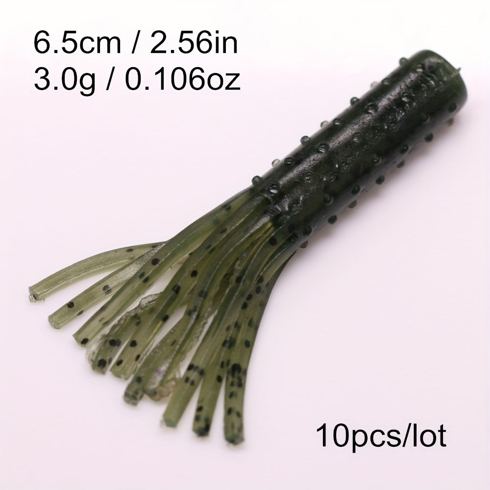 10pcs Tube Worms Skirt Rooster Tail Soft Fishing Lures 2.56in