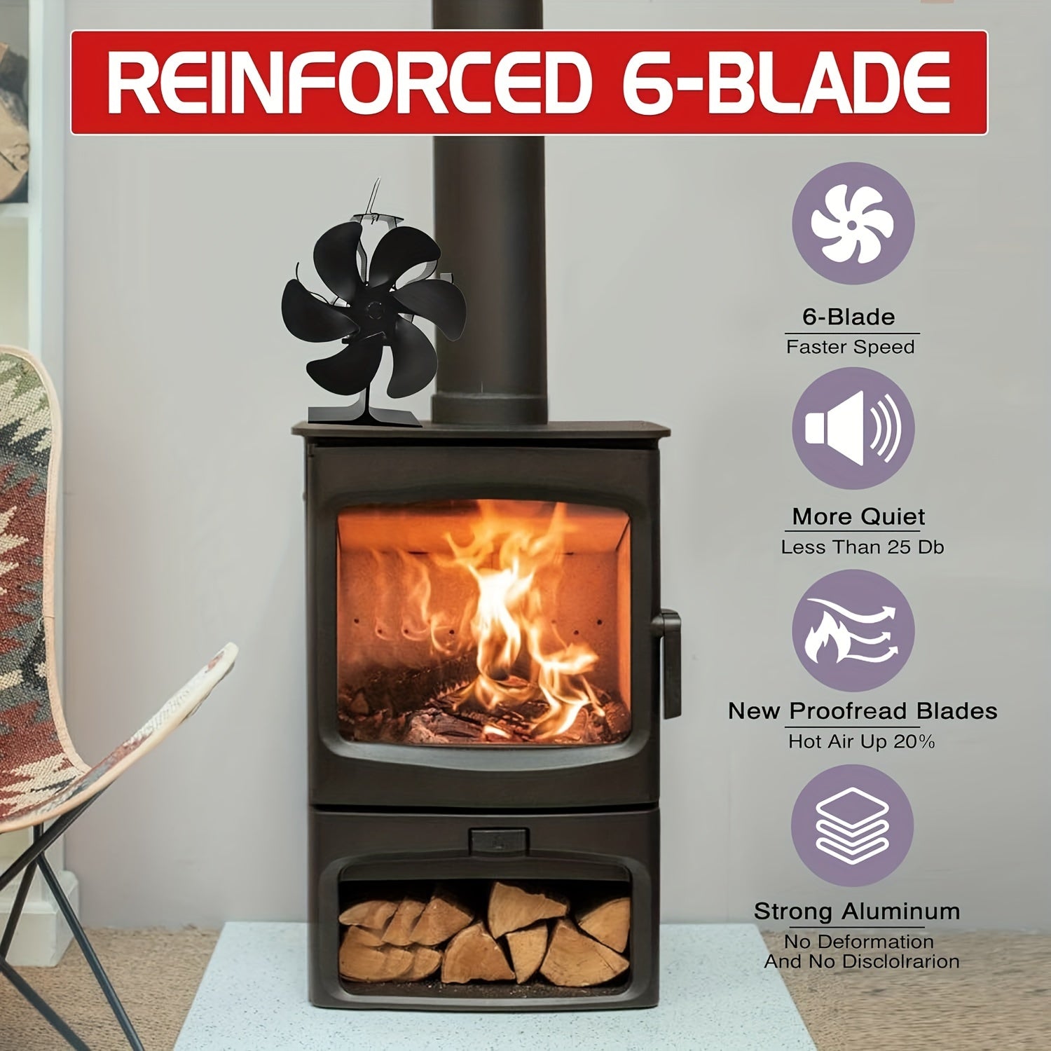 6 Blades Thermal Fireplace Fan Self-starting High Temp Resistance