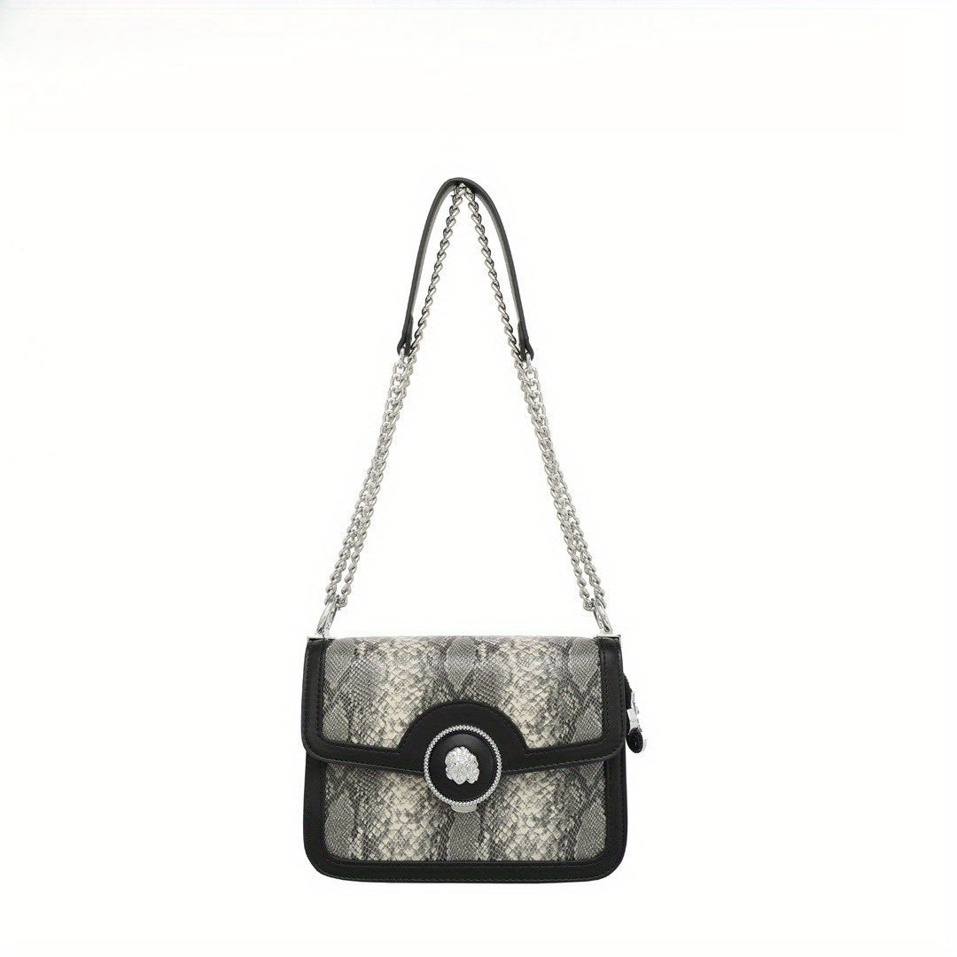 Snake Print Shoulder & Crossbody Bag - Leather with Detachable Chain